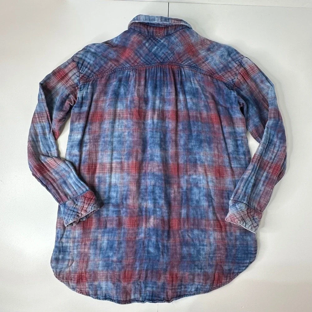 Free People Oversized Double Dip Plaid Shirt Blue Red‎ Button Up Gauzy Sz XS